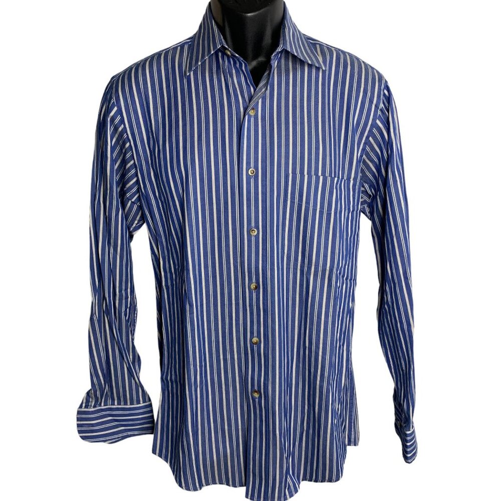 Jos A Bank Button Up Tailored Fit Dress Shirt S Blue Stripes Long Sleeves Pocket